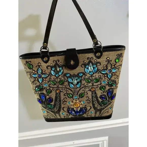 VTG 1964 Enid Collins Purse Pavan Pheasant Peacock Blue Jewels Wooden Bucket